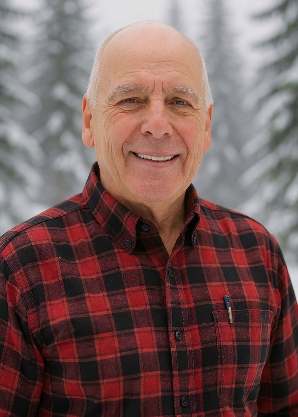 An older man with a bald head smiles while wearing a red and black plaid shirt, standing outdoors in a snowy forest with evergreen trees in the background.