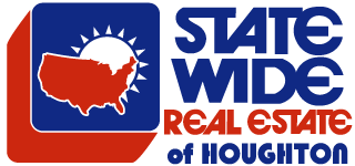 Logo for State Wide Real Estate of Houghton, featuring a red map of the U.S. with a sun behind it, and bold blue and red text to the right.